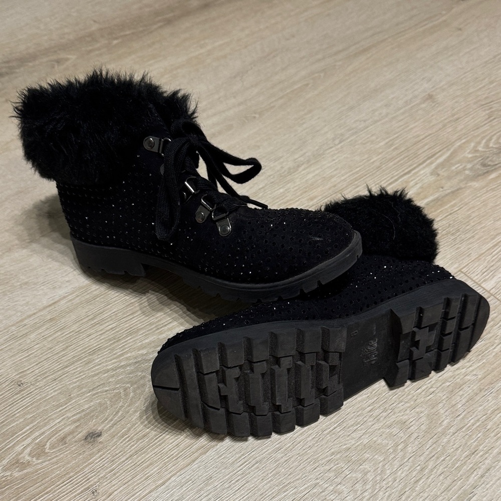 Black Bedazzled Fur-Trimmed Booties